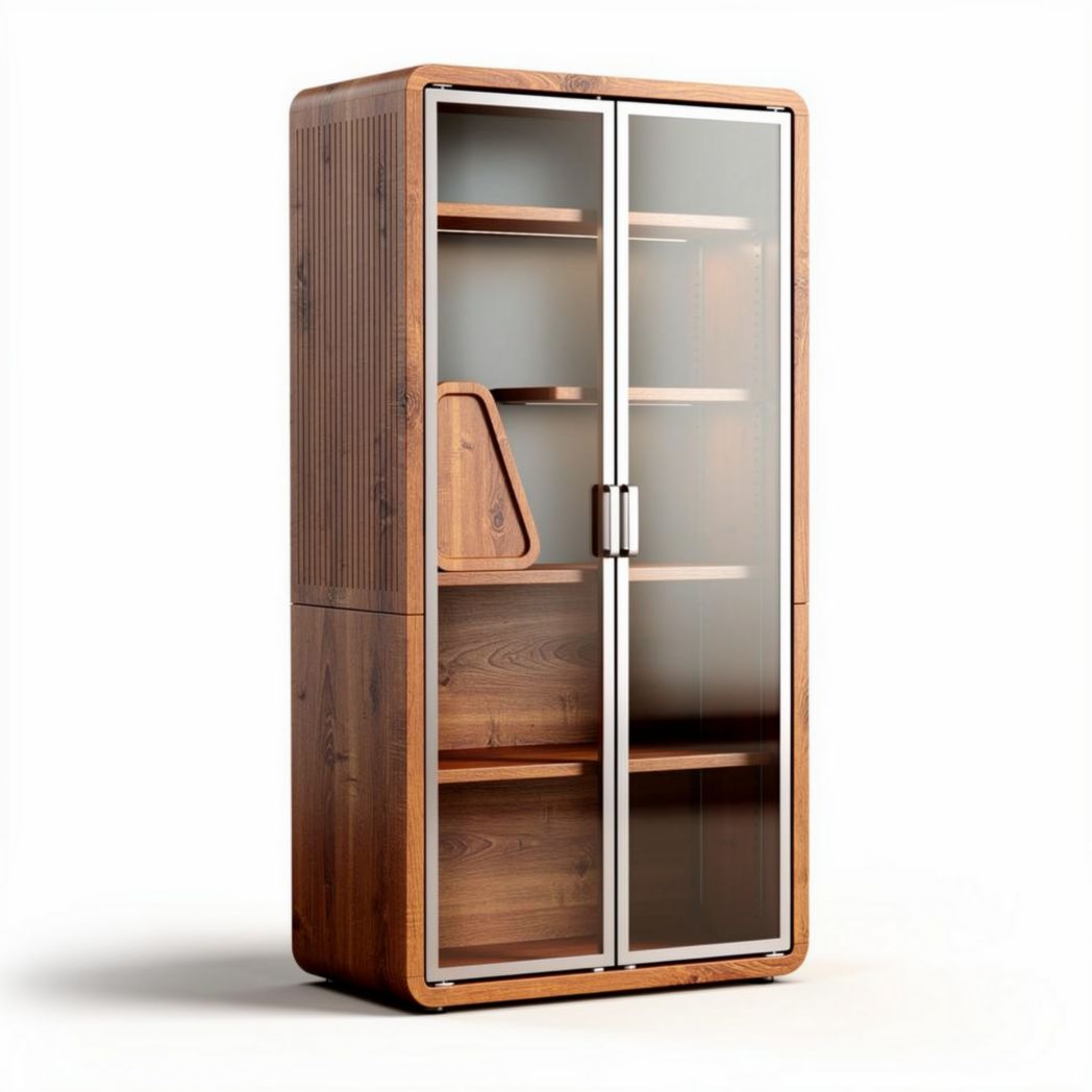 Houten kast met glazen deuren en 5 planken 180 x 90 x 40cm