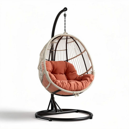 Hangstoel van staal met rieten mand en oranje kussen 80 x 80 x 120cm