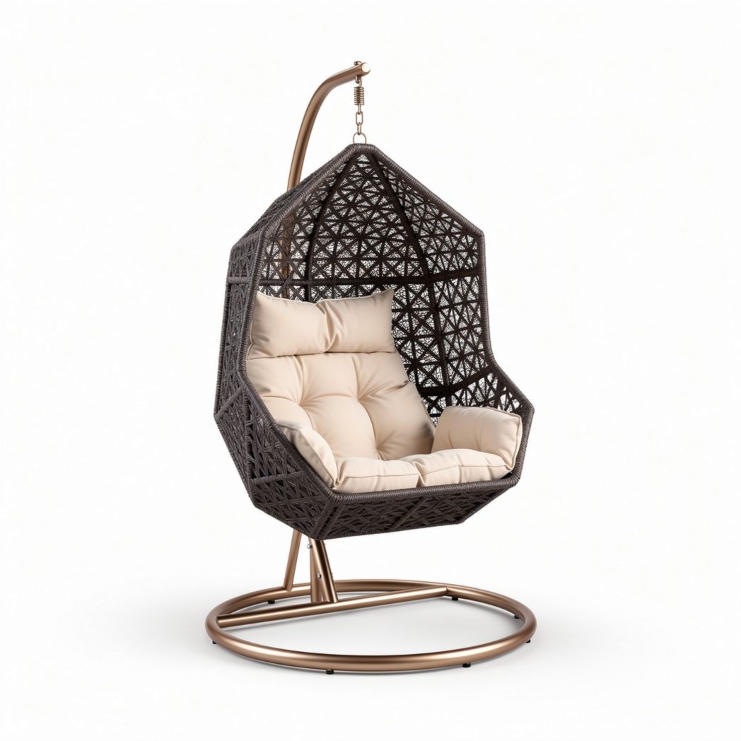 Hangstoel met kussen van kunststof rotan en metalen standaard 100 x 90 x 120cm