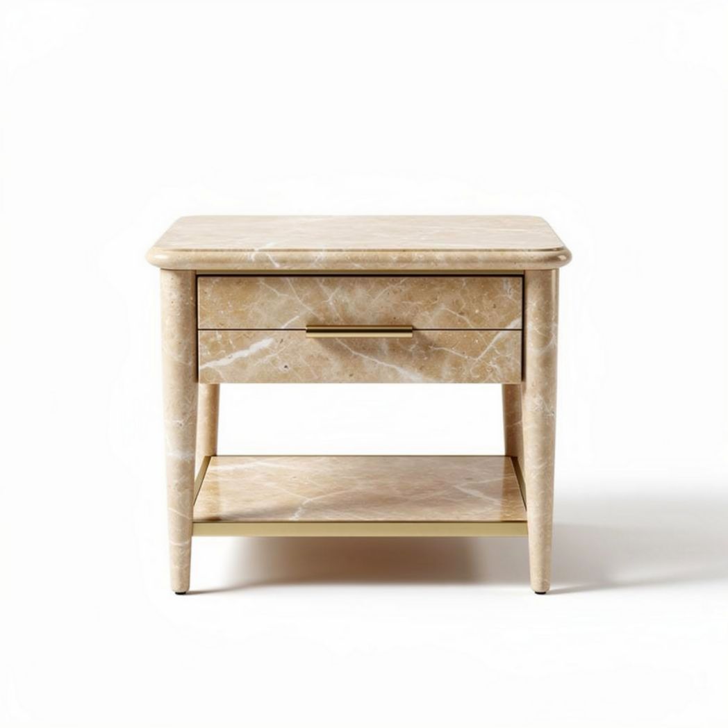 Marmeren nachtkastje met lade en open schap 50 x 40 x 45cm beige