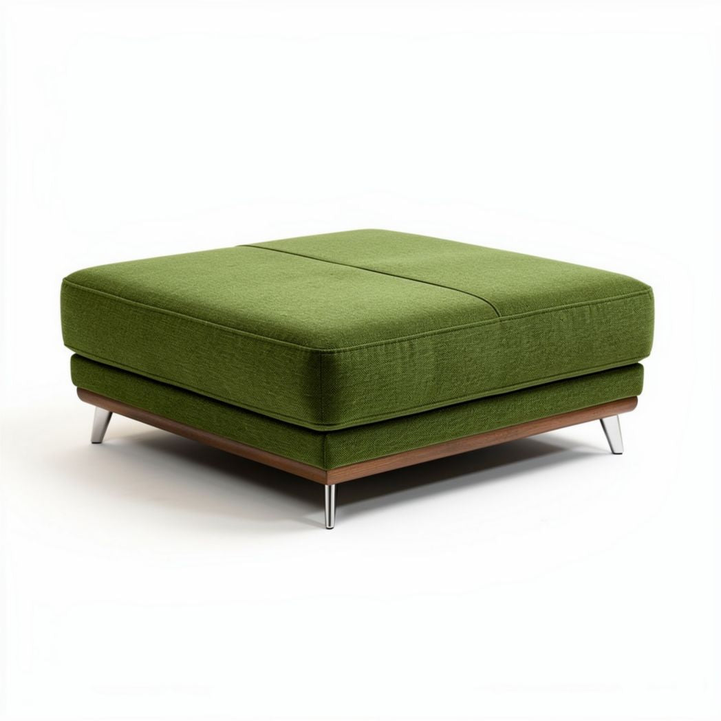 Groene vierkante voetenbank van stof met houten onderstel 80 x 80 x 38cm