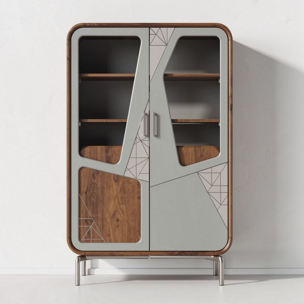 Designkasten met houten deuren en glazen planken 80 x 40 x 120cm
