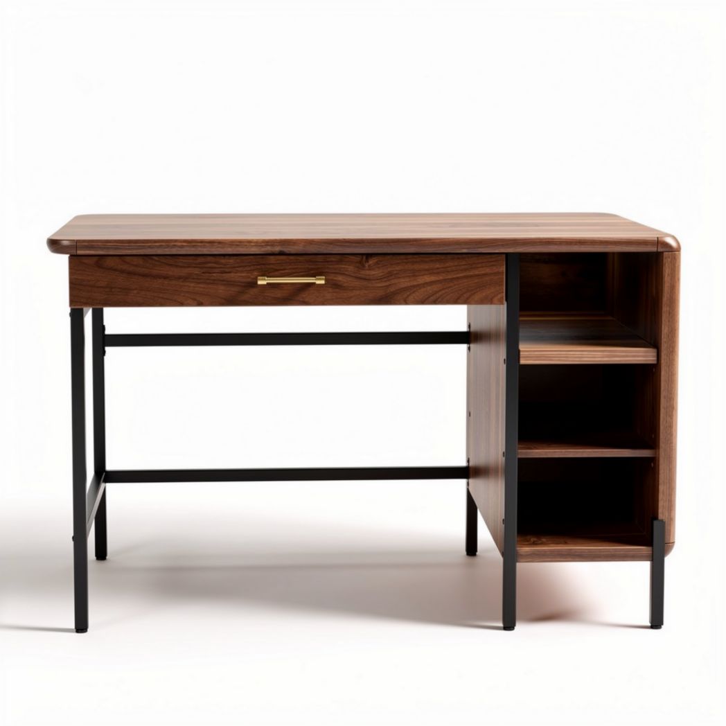 Houten bureau met metalen frame 120 x 60 x 75cm en open opbergvakken