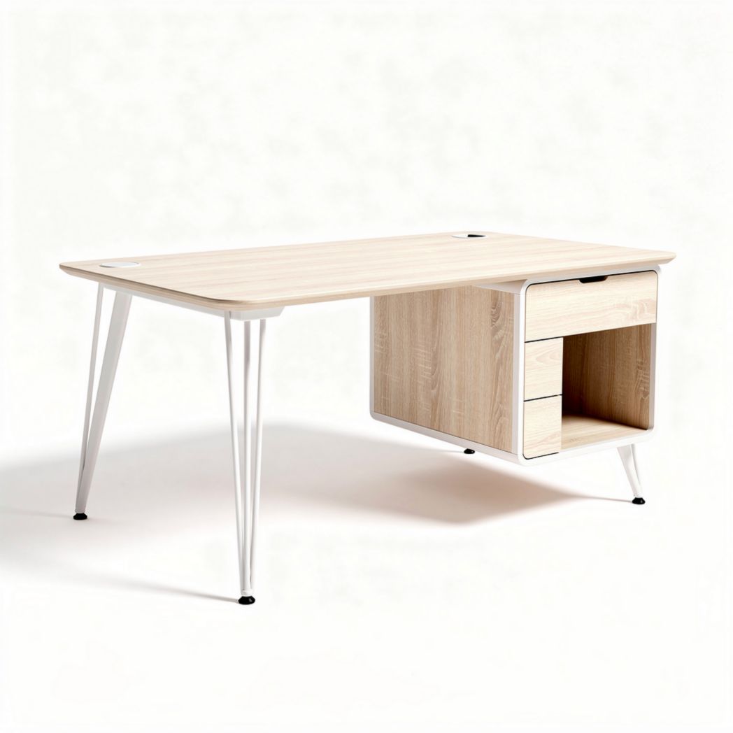 Bureau van hout met witte metalen poten 150 x 70 x 75cm met lade
