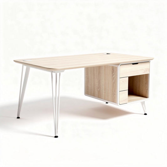 Bureau van hout met witte metalen poten 150 x 70 x 75cm met lade